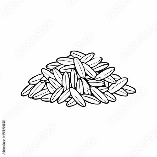 A monochrome pile of rice grains is centered in a graphic illustration, conveying themes of staple food, organic agriculture, and minimalist design.