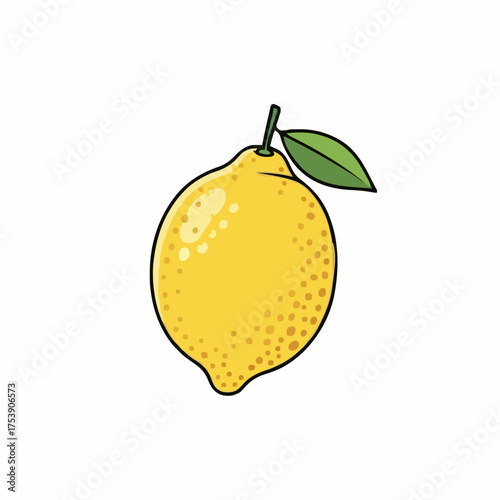 A vibrant hand-drawn lemon illustration shows a healthy and fresh single fruit with a leaf on a clean white background creating a bright and minimalist design.