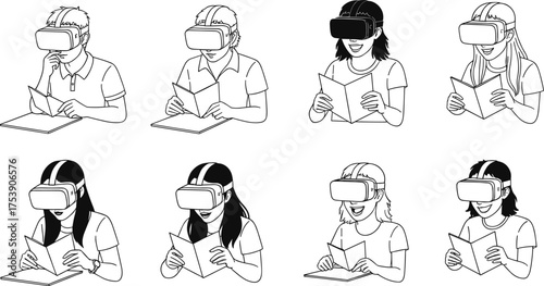 Students using virtual reality headset, VR learning technology illustration, children reading books with VR glasses, futuristic education vector, immersive classroom concept