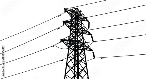 High voltage electricity transmission tower, steel lattice power pylon with multiple cables, energy infrastructure, electrical grid distribution, industrial utility structure, renewable energy concept