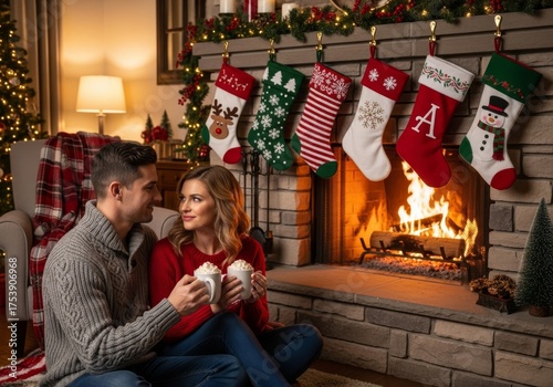 Happy young couple celebrating Christmas at home with a fireplace on a cold winter night