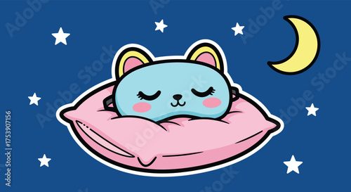 Cute sleeping mask rests peacefully on a pink pillow under a crescent moon and twinkling stars in a serene night scene, evoking feelings of comfort and tranquility.
