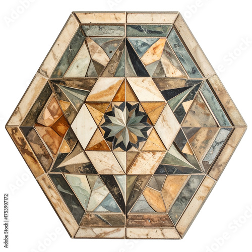 Hexagonal mosaic art features geometric patterns in earth tones.