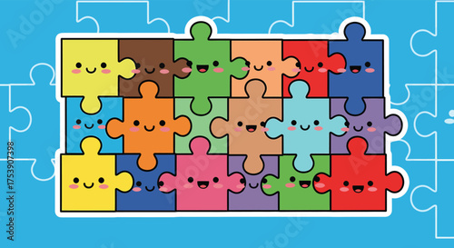 Colorful puzzle pieces connect together on blue surface, representing teamwork, problemsolving, and collaboration with a cheerful and playful mood.