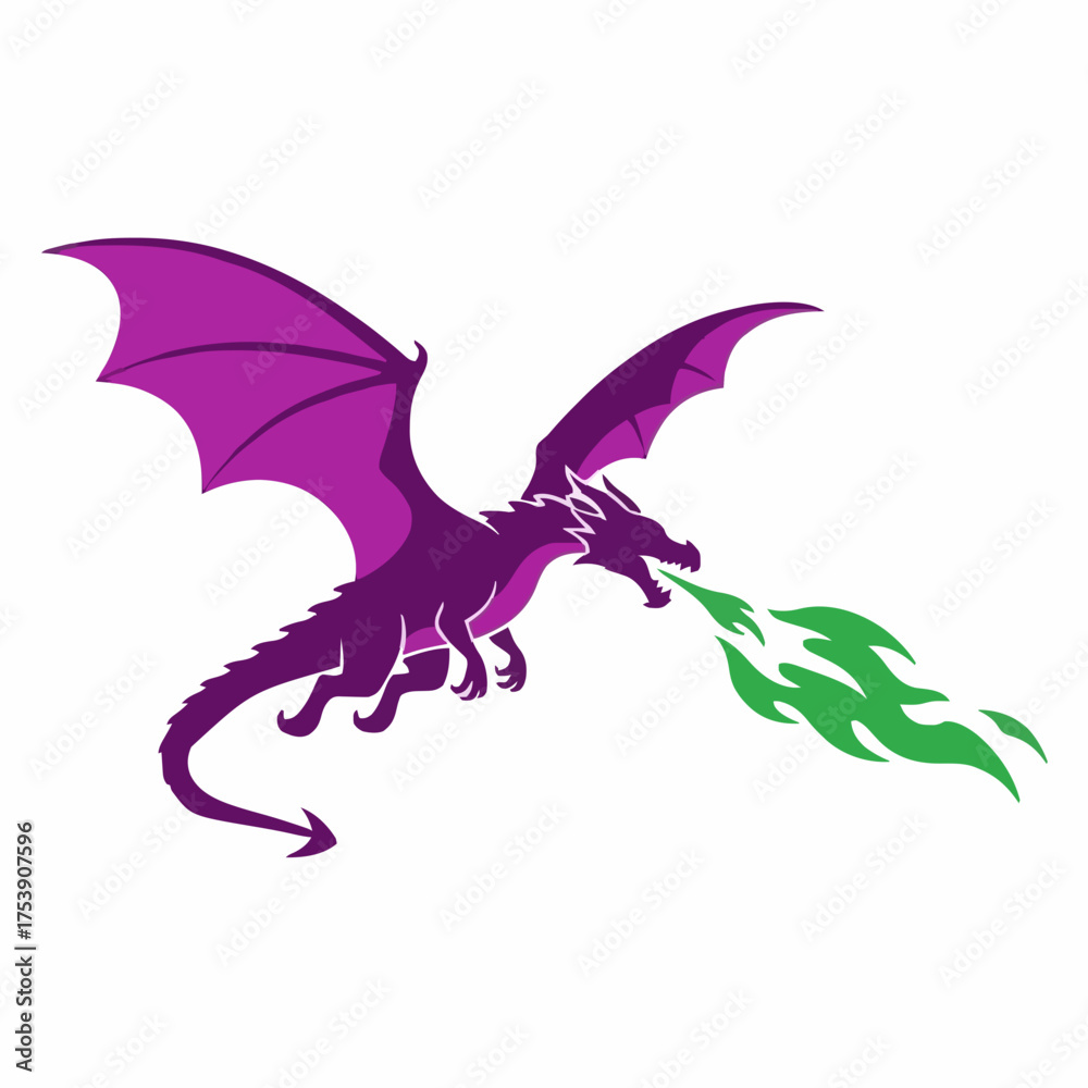 Fototapeta premium Majestic purple dragon exhales vibrant green fire in mid air conveying mythical power and strength on a clean white background ideal for fantasy art designs.