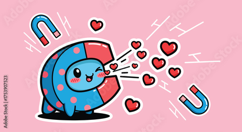 Cute magnet attracting red hearts on pink surface, symbolizing love and connection with playful and charming mood.