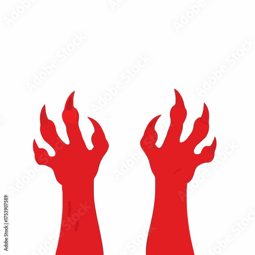 Dramatic upward view captures a pair of vividly red demonic hands with sharp claws reaching up against a stark white background conveying a haunting spooky mood.
