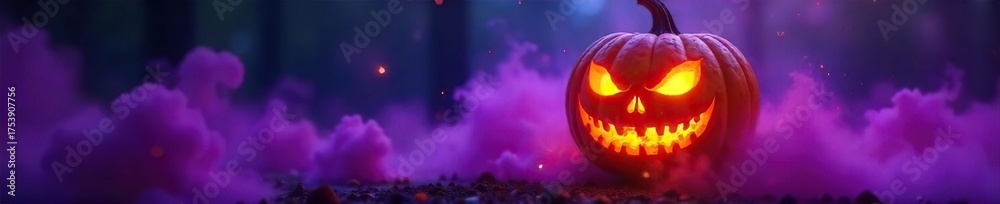 Fototapeta premium Levitating Jack-o-Lantern Mystical Halloween Pumpkin Glows in Purple Mist