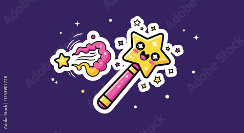 Cute magic wand casting a sparkling spell on a dark purple backdrop, creating a whimsical and enchanting atmosphere for fantasy lovers.