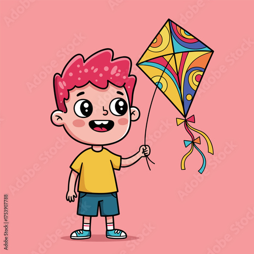 A happy cartoon boy with bright pink hair is standing and holding a decorative, colorful kite.