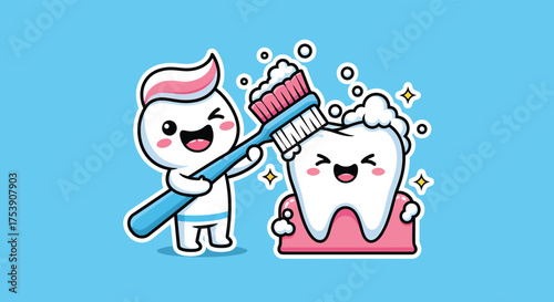Cartoon toothpaste character brushing a happy tooth in a cute and playful dental hygiene scene, promoting oral health and cleanliness.