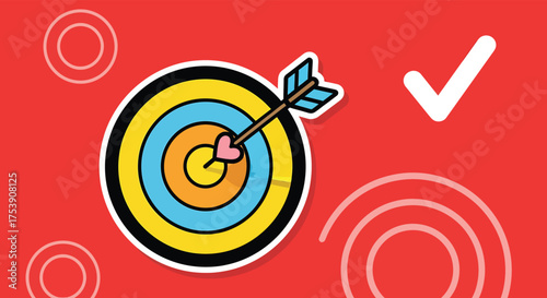 Arrow hits the bullseye of a colorful target on a red surface, symbolizing achievement and success with a playful and optimistic vibe.