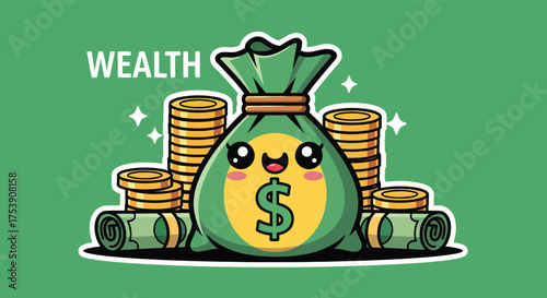 Cute money bag character smiling happily surrounded by gold coins and rolled bills on a green surface, representing financial success and prosperity.
