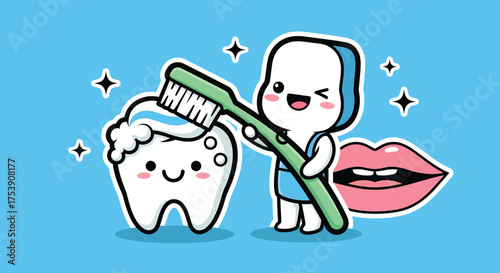 Cute tooth character brushing another tooth with toothpaste in a dental clinic, promoting oral hygiene and health with a playful and cheerful mood.