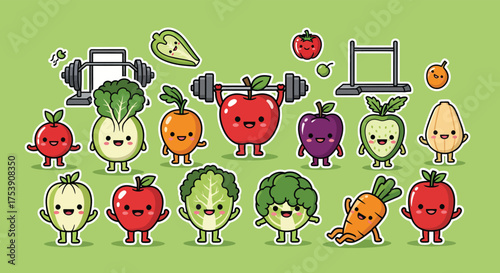 Cute cartoon fruits and vegetables exercising with weights and pullup bars on a light green surface, promoting healthy lifestyle and fitness.