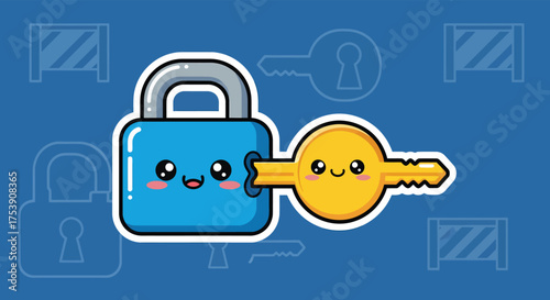 Cute padlock connecting with key on blue backdrop creating secure and friendly atmosphere for digital safety and protection.