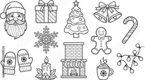 A christmas themed coloring page with santa claus and a christmas tree and other holiday icons