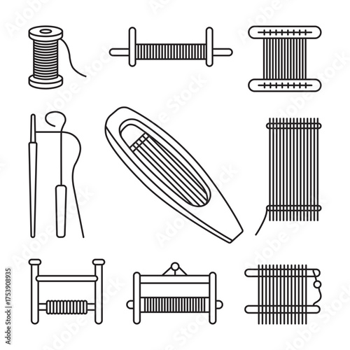 Traditional weaving shuttle and loom thread spools vector sheet of line art icons.
