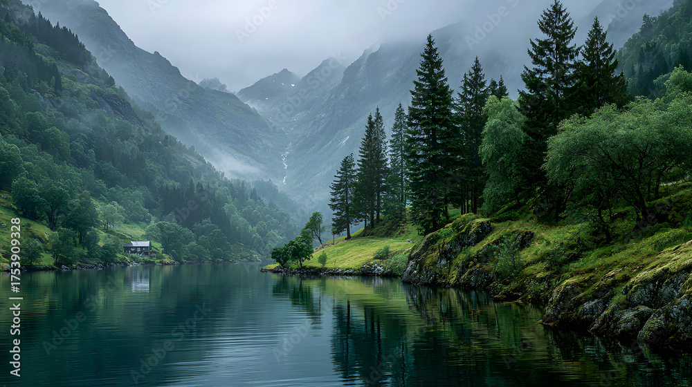 Fototapeta premium Serene Fjord Landscape with Misty Mountains and Lush Greenery