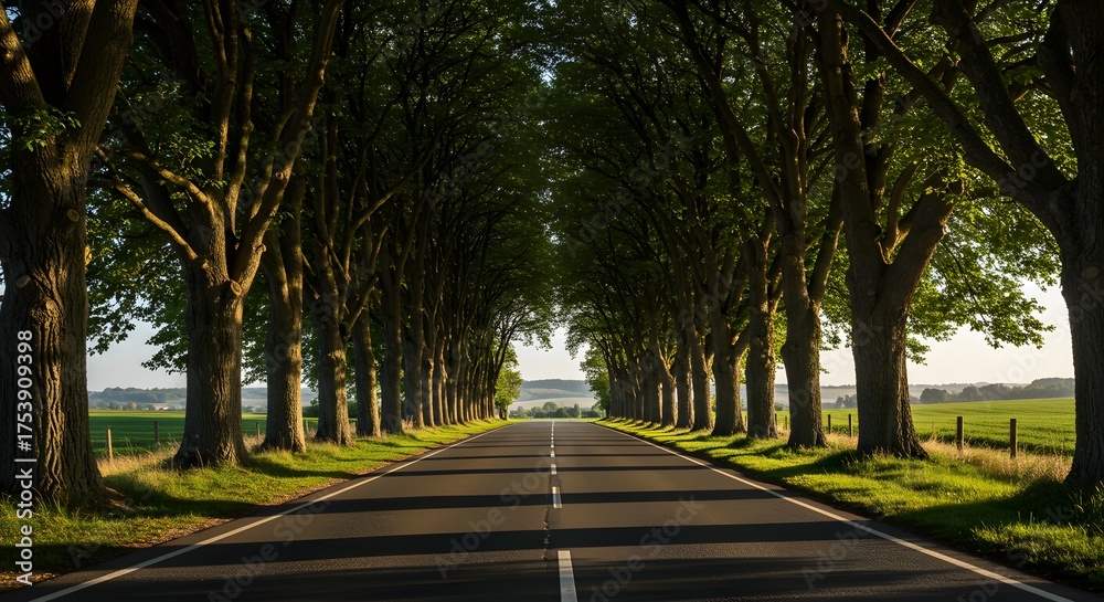 Obraz premium Scenic Tree-Lined Road at Sunset