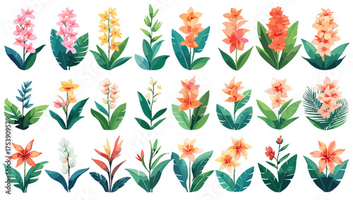 Colorful Tropical Flowers Vector – Exquisite Flower Illustration Vectors Depicting Lively Floral Arrangements, Rich Color Blends, and Elegant Paradise-Inspired Aesthetics for Designers.