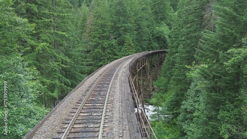 Foss Creek railroad bridge in Washington. Flight travels along the bridge deck, featuring the surrounding forest. Bridge is an active railroad.