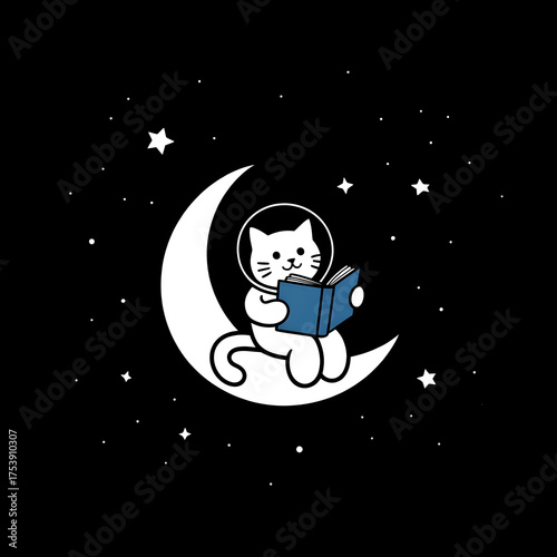 Adorable illustration of a cat in an astronaut helmet sitting on a crescent moon and reading a book among stars. Perfect for children’s designs, stickers, posters, or space-themed art.
