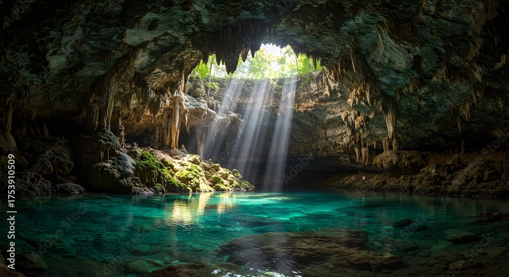Naklejka premium Stunning Cave Interior with Crystal Clear Turquoise Water and Sunbeams
