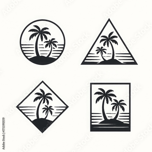Tropical island with palm trees and ocean waves, serene summer vacation symbol