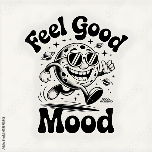 Retro black and white cartoon illustration of a smiling planet character wearing sunglasses with text “Feel Good Mood.” Fun vintage style art perfect for t-shirts, posters, and stickers.