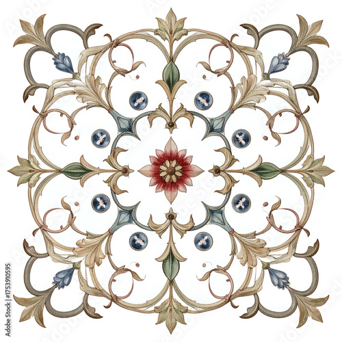 Ornate baroque floral motif with symmetrical scrollwork and central blossom.