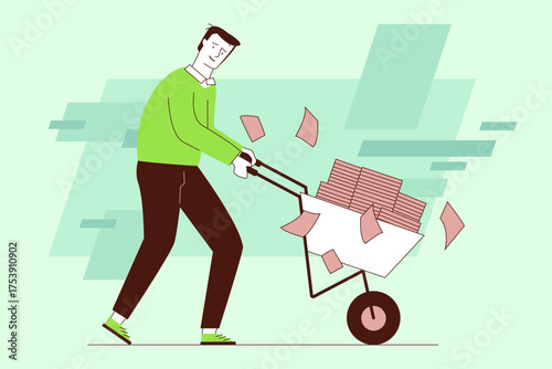 Man happily pushing wheelbarrow filled with stacked papers. Papers flying around him, creating lively scene