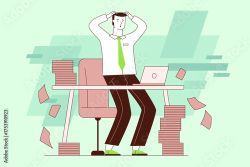 Stressed business person sitting at desk piled with paper while working on laptop. Overwhelming workload in modern office environment concept