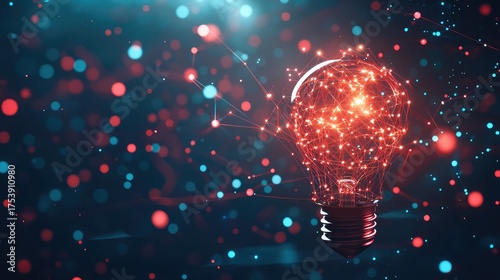 Glowing red lightbulb with a network of connections against a dark abstract bokeh background, ideal for technology or innovation branding.