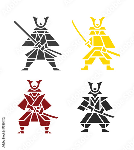 Four stylized samurai warrior icons in dark gray yellow and red Japanese
