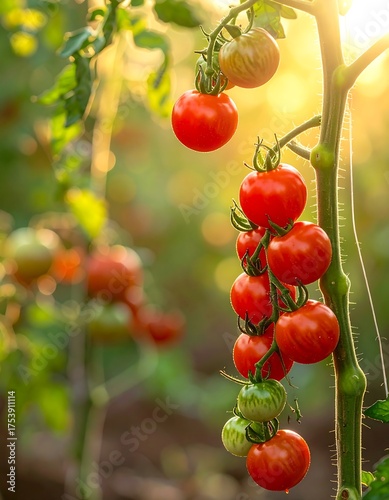 A vibrant tomato plant in a sunlit garden, with clusters of ripe fruit