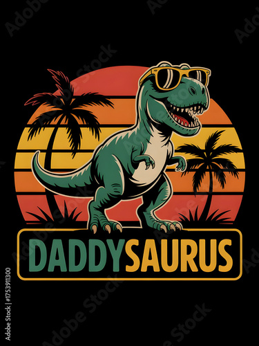Cool T-Rex dinosaur wearing sunglasses with a retro sunset and palm trees background. Fun vintage illustration perfect for Father’s Day, dad humor, or casual graphic tee designs.