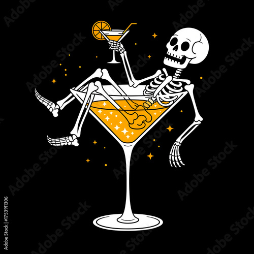 Funny illustration of a skeleton lounging in a cocktail glass, holding a drink with a slice of orange. Conceptual artwork symbolizing humor, nightlife, and Halloween celebration.