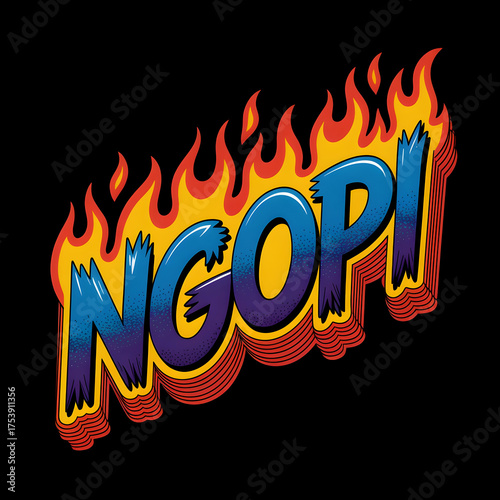Bold “NGOPI” text surrounded by vibrant flames in comic style. Energetic and colorful typography artwork symbolizing coffee culture, passion, and fun, perfect for stickers, t-shirts, or posters.