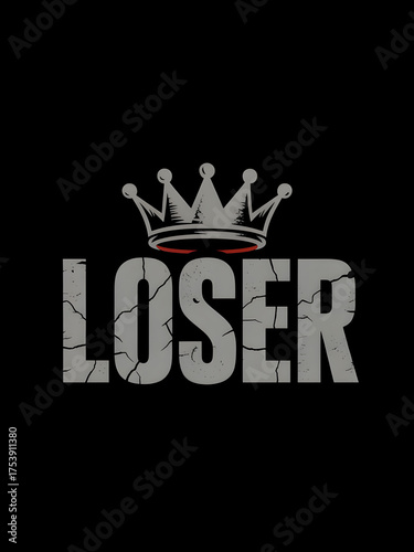 Bold cracked “LOSER” text with a crown and red shadow accent, symbolizing irony and rebellion. Perfect for streetwear, poster, or graphic design projects with an edgy attitude.