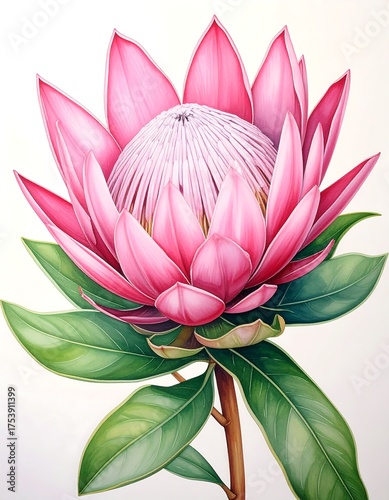 A vibrant watercolor painting of a large, pink protea flower in bloom