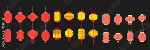 Collection of Red and Yellow Chinese Lanterns on Black Background red lanterns yellow lanterns
