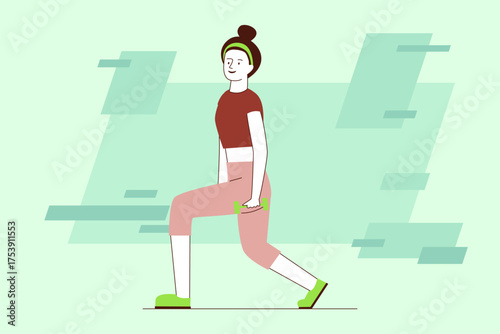 Woman lunging forward in park, wearing activewear and holding hand weights. Healthy lifestyle and dedication to fitness concept
