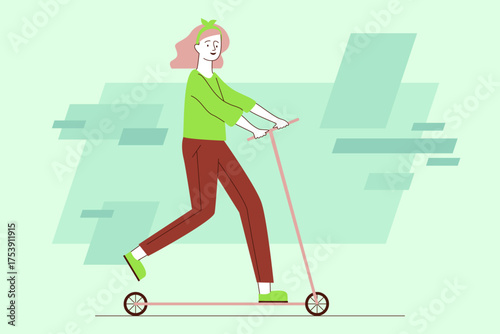 Young woman with pink hair riding pink scooter on green background. She wearing green shirt and brown pants, enjoying her time outdoors