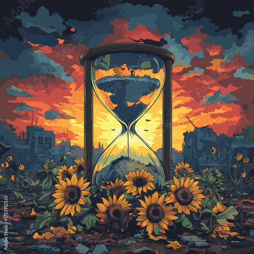 Hourglass with sunflowers in front of a ruined building under a cloudy sky at dusk or dawn , vector style simple color