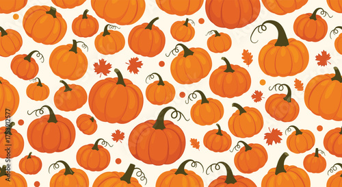 A delightful autumnal pattern featuring a vibrant assortment of pumpkins and scattered fallen leaves creating a festive harvest atmosphere.