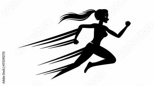 Dynamic silhouette of a determined woman running with intense speed and energy, ideal for fitness, sports, and motivational designs with modern appeal