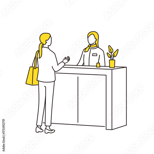 受付で女性客を案内する女性スタッフの線画イラスト