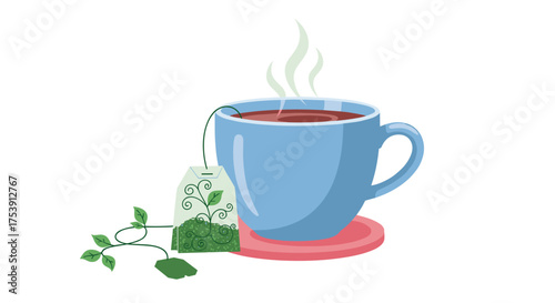 A steaming cup of herbal tea in a blue mug with a tea bag steeping.