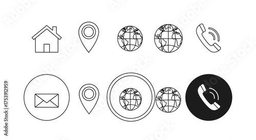 Collection of simple business icons including house location phone email globe
